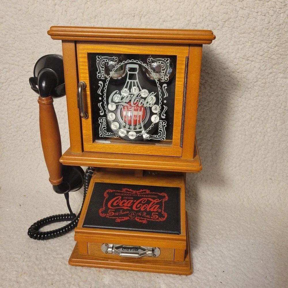 Coca-Cola‎ Nostalgic Wall Phone Real Wood Frosted Glass Hanging Retro